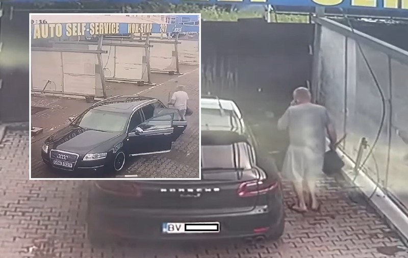 Șoferul cu Porsche filmat când fura o găleată și un mop dintr-o spălătorie din Brașov le-a dus înapoi cu un Audi | VIDEO