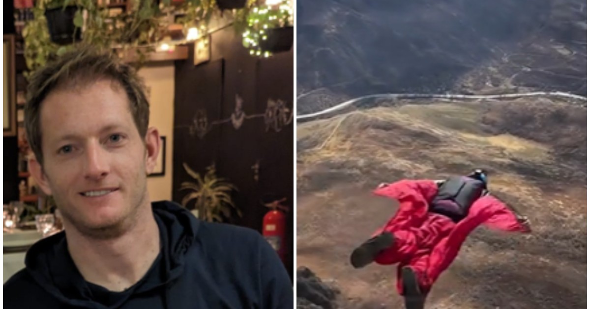Brendan Weinstein într-un hanorac negru, în partea stângă, iar în partea dreaptă acesta poartă costum roșu, în timpul unui salt.