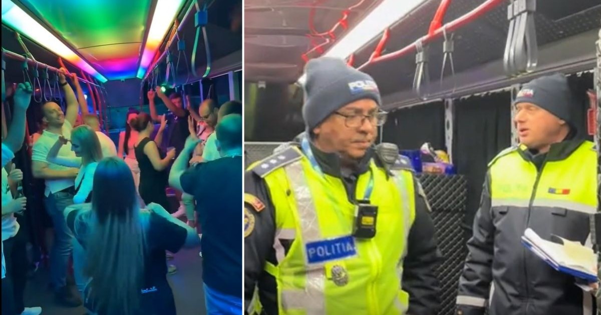 colaj foto format din două imagini: imaginea din stânga arată interiorul unui vehicul de transport în comun unde tavanul este iluminat de benzi LED în culori vibrante de roșu, galben, verde și albastru. În acest spațiu se află un grup de persoane surprinse în picioare, unele având brațele ridicate sau ținând pahare în mâini, fiind îmbrăcate în haine lejere. De tavan atârnă mai multe mânere de susținere din plastic gri, iar ferestrele laterale sunt complet negre. Imaginea din dreapta prezintă doi bărbați purtând uniforme de poliție în interiorul unui vehicul prevăzut cu bare de susținere roșii pe plafon. Persoana din prim-plan poartă o vestă reflectorizantă galbenă pe care este scris cu albastru „POLIȚIA”, o căciulă gri și ochelari de vedere, având un dispozitiv electronic negru atașat de piept. În spatele său, celălalt polițist poartă o geacă închisă la culoare cu benzi reflectorizante galbene și ține în mâini un dosar albastru cu documente albe