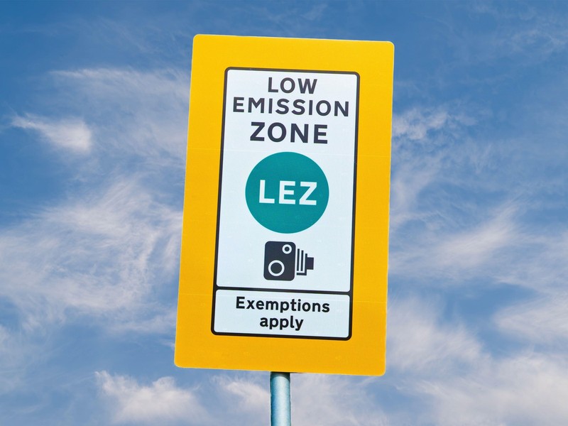 Low emission zone sign in city centre of Glasgow being enforced for all vehicle UK,Image: 1019525369, License: Royalty-free, Restrictions: , Model Release: no