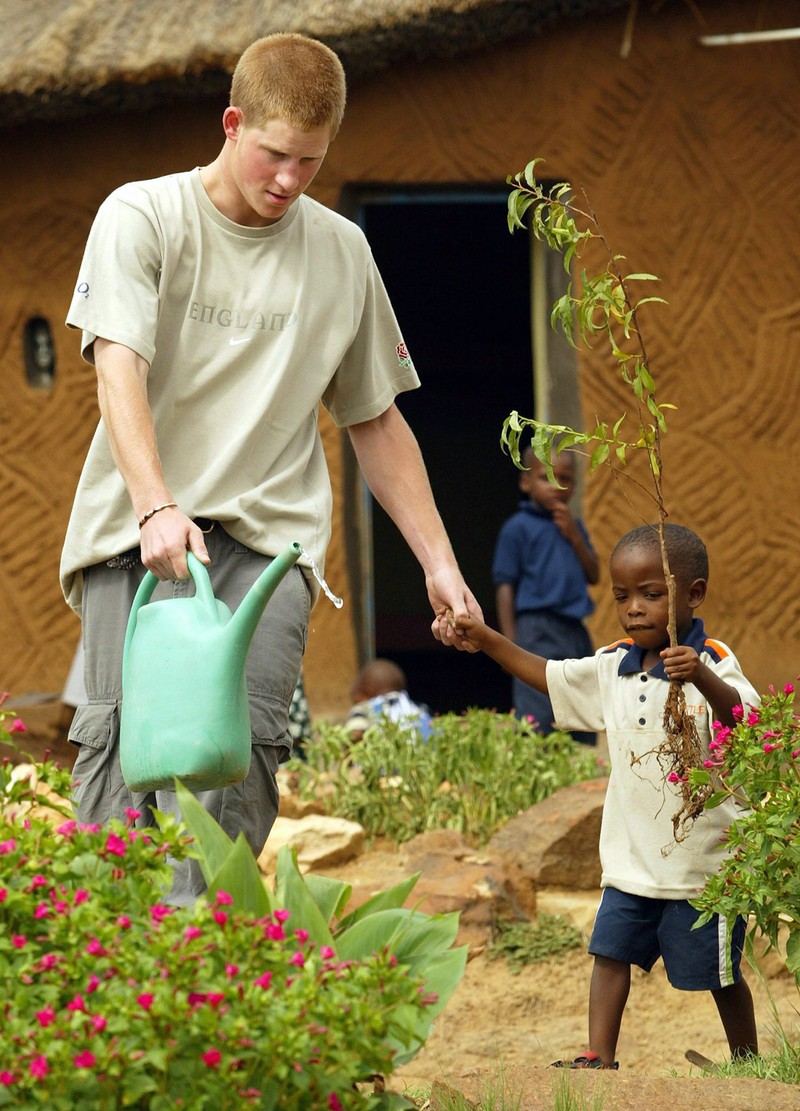 Prințul britanic Harry și Mutsu Potsane, în varstă de 4 ani, merg să planteze un piersic în timpul vizitei la casa de copii Mants'ase, Africa de Sud, miercuri, 3 martie 2003. Foto: EPA