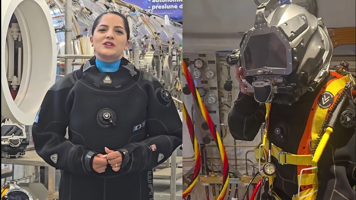 O femie îmbrăcată în costum de scafandru negru, în stânga, o femeiei in costum de scafandru portocaliu, dreapta