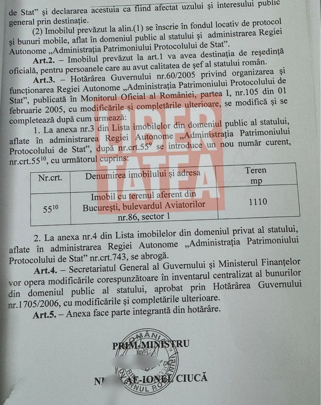 HG-ul semnat de Nicolae Ciucă în 2022 prin care vila din Aviatorilor 86 se atribuie șefilor de stat, desecretizat de Guvern | DOCUMENT