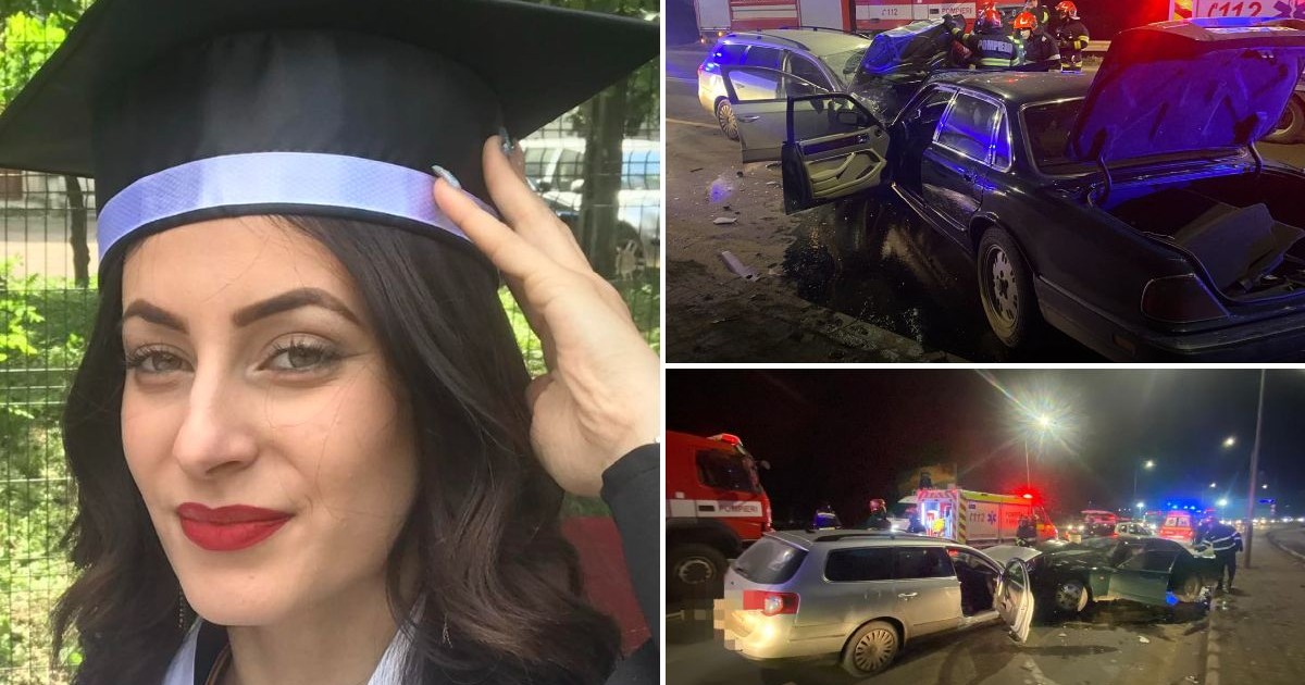 Un colaj din trei fotografii: o tânără zâmbitoare cu o pălărie de absolvire în stânga, iar în dreapta urmările unui grav accident rutier.