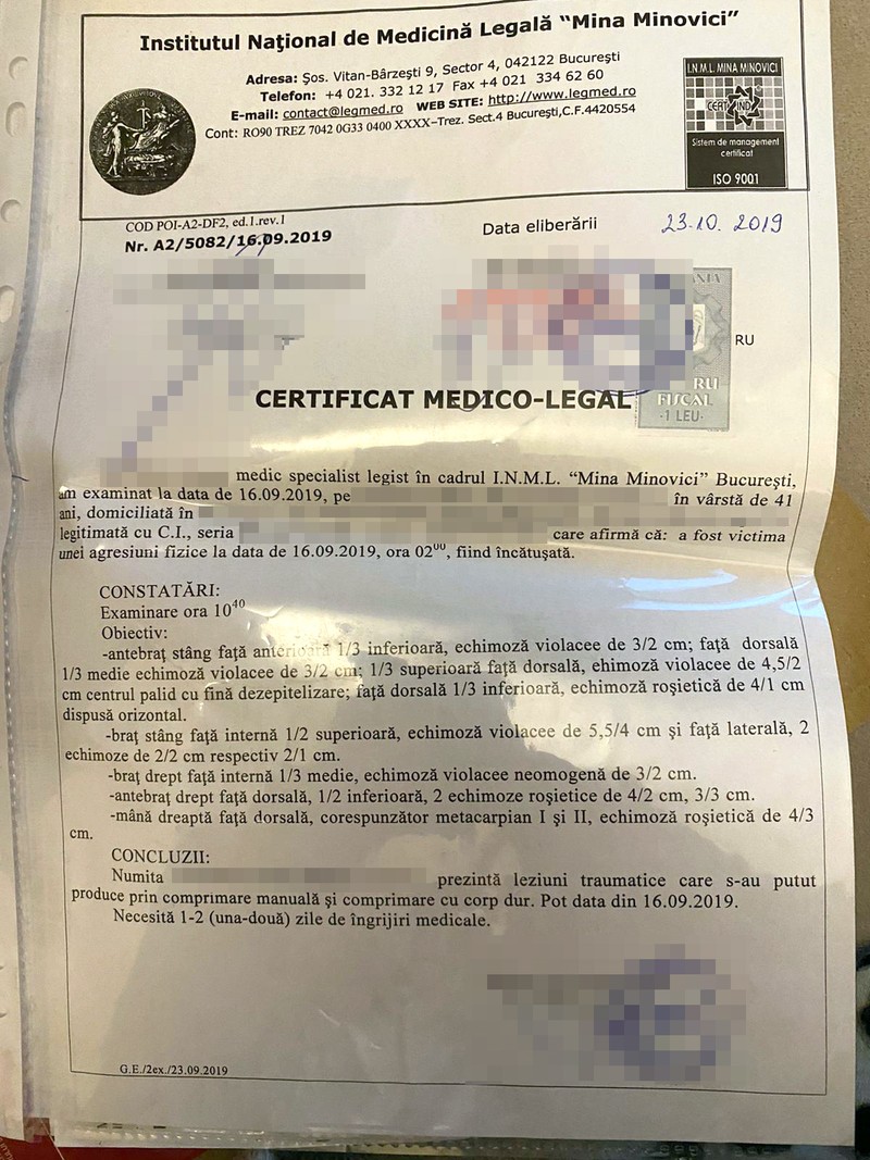 Certificatul medico-legal de la INML pe numele femeii care spune că a fost agresată de polițiști de la Secția 16 din București în septembrie 2019