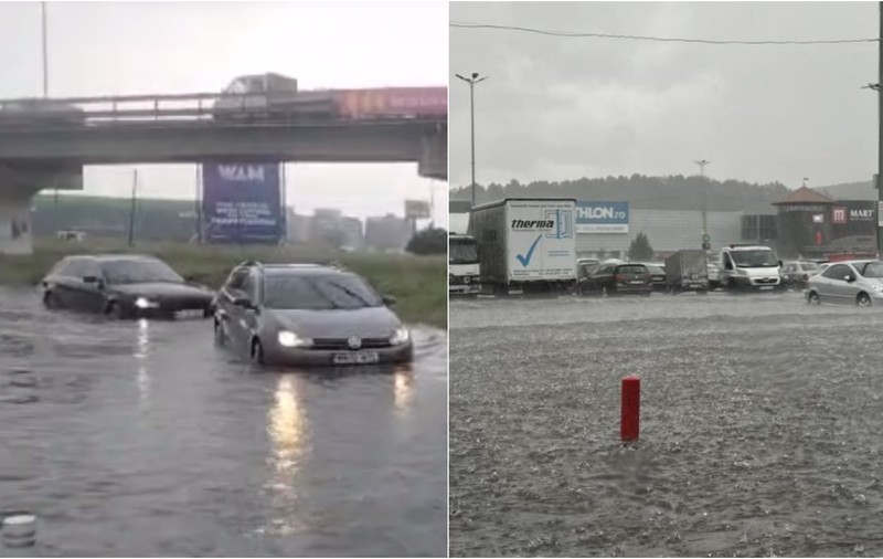Parcarea unui mall din Cluj, inundată în urma ploii torențiale. Mai multe mașini și persoane au rămas blocate