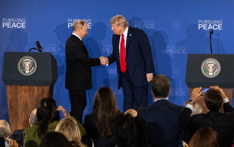 U.S. President Donald Trump and Russian President Vladimir Putin give a joint news conference at the Arctic Warrior Events Center at Joint Base Elmendorf-Richardson on Friday, Aug. 15, 2025, in Anchorage, Alaska. Photo by Marc Lester/Anchorage Daily News/TNS/ABACAPRESS.COM