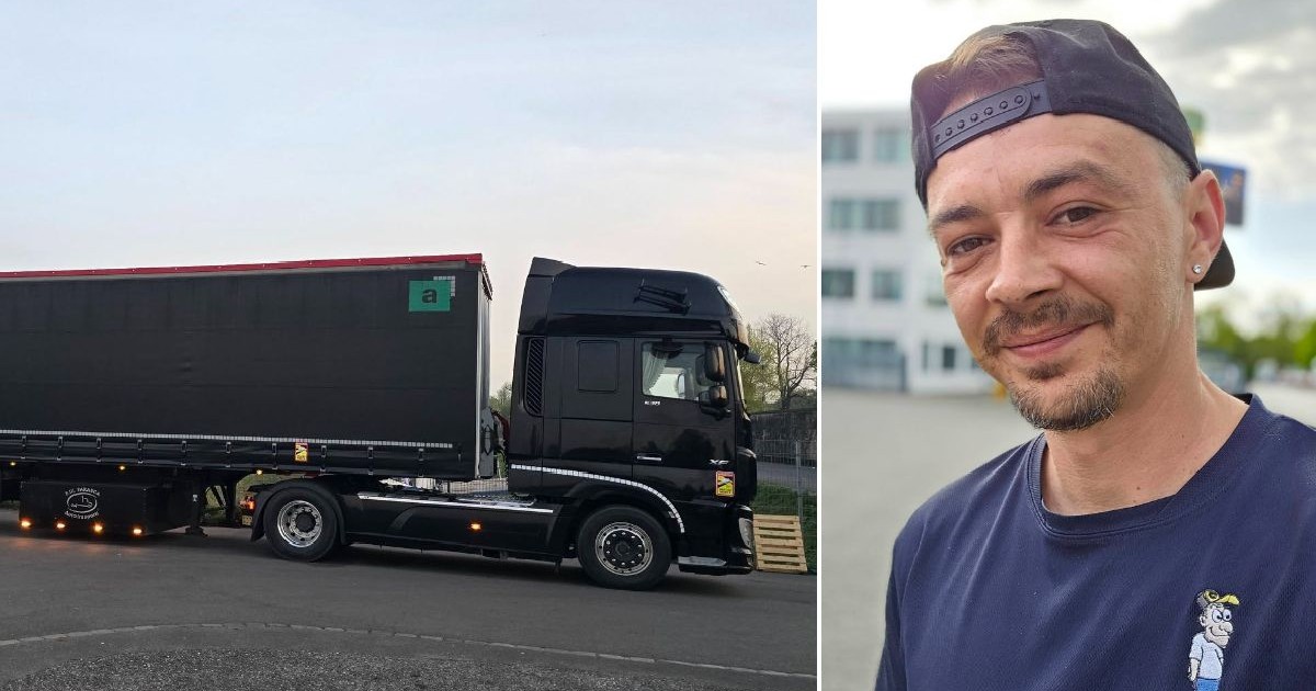Imaginea este un colaj care prezintă, în partea stângă, un camion negru de mari dimensiuni parcat pe marginea drumului, iar în partea dreaptă, portretul zâmbitor al unui bărbat tânăr care poartă o șapcă pusă invers.