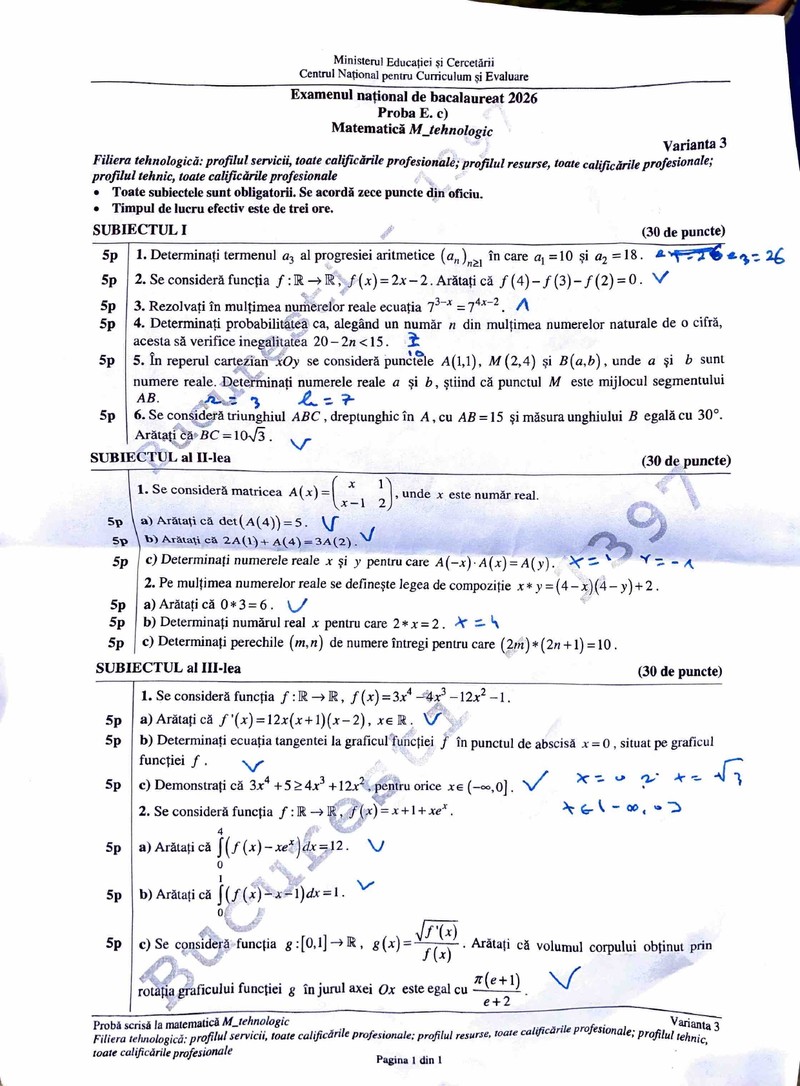 Subiecte Matematică Bac 2026 Profil Tehnologic Foto: Edupedu.ro