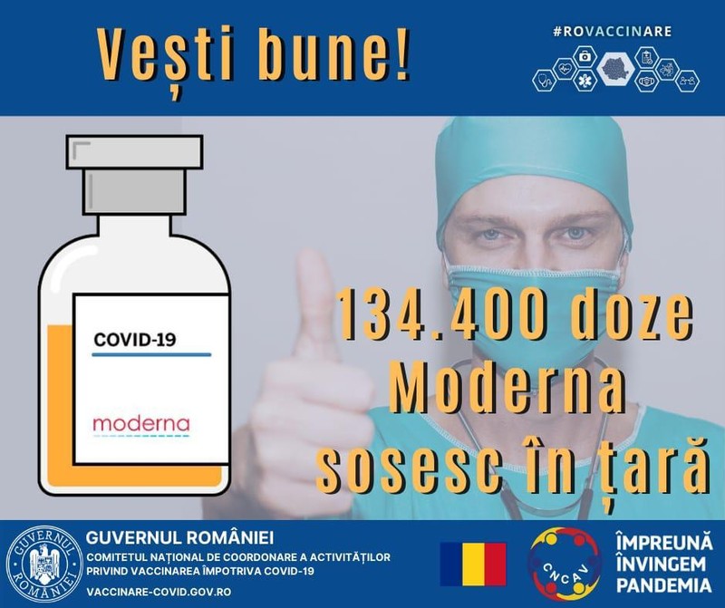 Anunțul CNCAV cu dozele Moderna livrate joi, 8 aprilie