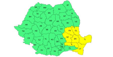 Harta României, cu județe vizate de cod galben