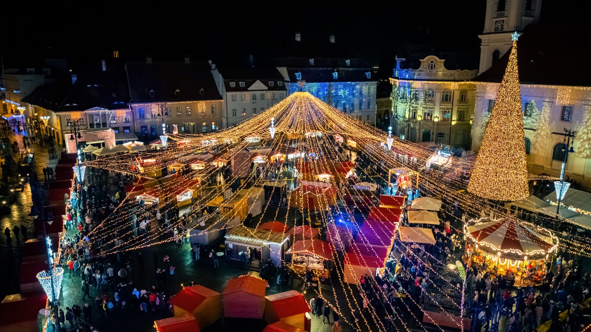 Christmas fair in Sibiu, Romania. View from top, aerial