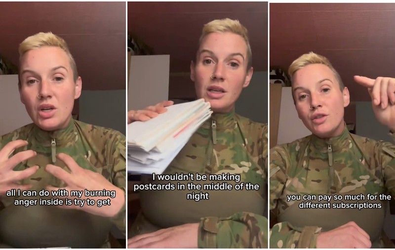 Colaj format din trei cadre ce prezintă o femeie cu părul scurt și blond, îmbrăcată într-o jachetă tactică cu camuflaj militar, vorbind în fața camerei și arătând un pachet de ilustrate/scrisori, pe imagini fiind suprapuse subtitrări în limba engleză.   