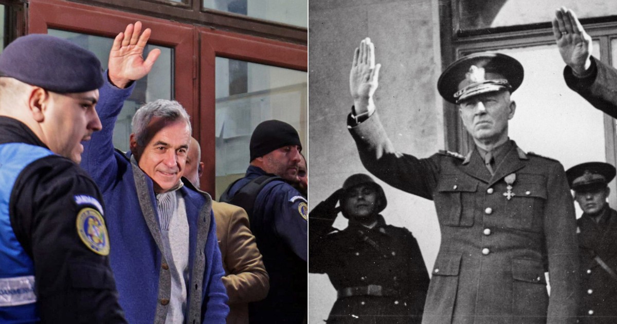 Un colaj cu Calin Georgescu si Ion Antonescu cu mainile ridicate, semnul legionarilo