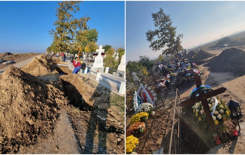 La Slobozia, gropile sunt săpate cu excavatorul, iar cimitirul urmează să fie extins. „Am ajuns să săpăm 10-15 gropi pe zi”