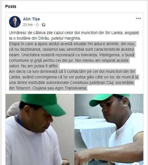 Captură de ecran din postarea președintelui CJ Cluj, Alin Tișe