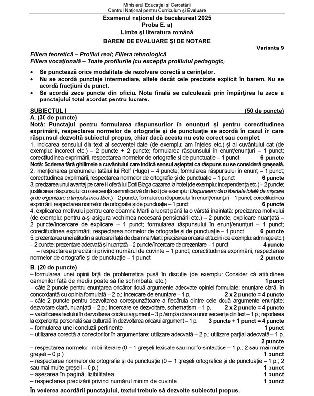 Baremul de corectare la BAC Română 2025 - sesiunea de toamnă