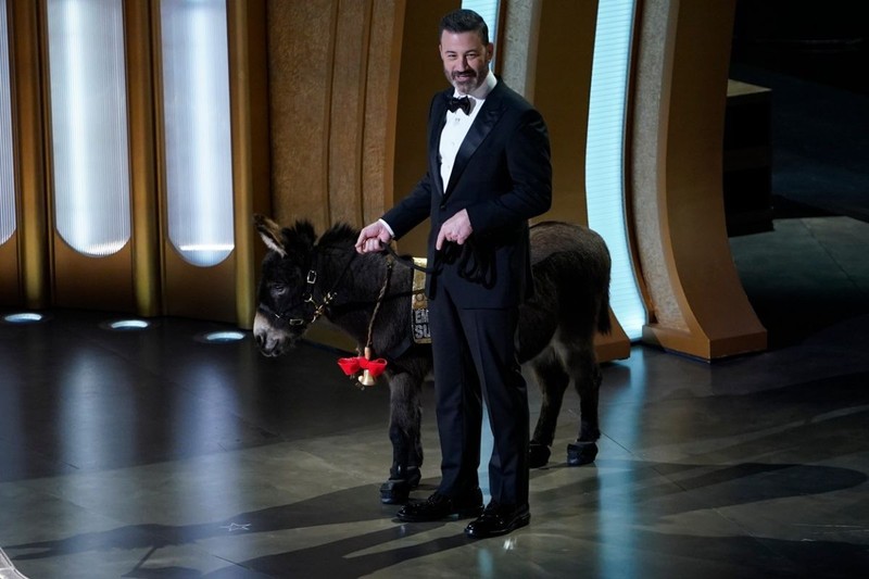 Mar 12, 2023; Los Angeles, CA, USA; Jimmy Kimmel appears onstage with a donkey as ‘Jenny’ the donkey featured in the film “The Banshees of Inisherin” during the 95th Academy Awards at the Dolby Theatre at Ovation Hollywood in Los Angeles on Sunday, March 12, 2023.,Image: 762307163, License: Rights-managed, Restrictions: *** World Rights ***, Model Release: no