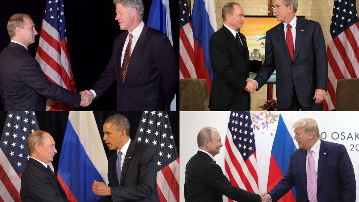 Colaje de la întâlniri ale lui Vladimir Putin cu George W. Bush, Bill Clinton, Barack Obama și Donald Trump Foto: Profimedia