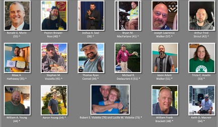 This handout photo released by the Maine State Police courtesy of the victims' families and the Department of Public Safety shows the 18 victims gunned down by suspect Robert Card in Lewiston on October 25, 2023 top row from left: Ronald G. Morin, Peyton Brewer-Ross, Joshua A. Seal, Bryan M. McFarlane, Joseph Lawrence Walker, Arthur Fred Strout, middle row from left: Maxx A. Hathaway, Stephen M. Vozzella, Thomas Ryan Conrad, Michael R. Deslauriers II, Jason Adam Walker, Tricia C. Asselin, bottom row from left: William A. Young, Aaron Young, Robert E. Violette and Lucille M. Violette, William Frank Brackett and Keith D. Macneir. Police in Maine struggled for a second day Friday to catch a man who gunned down 18 people with a semi-automatic rifle in a bowling alley and a bar in a town where locals were enjoying an evening out. In Lewiston, a hard-scrabble city in the mostly rural north-eastern state, there was an atmosphere of dread and bewilderment as residents waited indoors, while authorities erected roadblocks and ordered schools and businesses to stay closed.,Image: 817387918, License: Rights-managed, Restrictions: RESTRICTED TO EDITORIAL USE - MANDATORY CREDIT "AFP PHOTO / HANDOUT / Maine State Police / Department of Public Safety / Victim's Families " - NO MARKETING - NO ADVERTISING CAMPAIGNS - DISTRIBUTED AS A SERVICE TO CLIENTS, *** HANDOUT image or SOCIAL MEDIA IMAGE or FILMSTILL for EDITORIAL USE ONLY! * Please note: Fees charged by Profimedia are for the Profimedia's services only, and do not, nor are they intended to, convey to the user any ownership of Copyright or License in the material. Profimedia does not claim any ownership including but not limited to Copyright or License in the attached material. By publishing this material you (the user) expressly agree to indemnify and to hold Profimedia and its directors, shareholders and employees harmless from any loss, claims, damages, demands, expenses (including legal fees), or any causes of action or allegation against Profimedia arising out of or connected in any way with publication of the material. Profimedia does not claim any copyright or license in the attached materials. Any downloading fees charged by Profimedia are for Profimedia's services only. * Handling Fee Only ***, Model Release: no