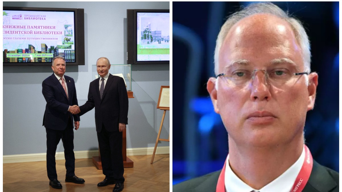 În imagine sunt ilustrați în partea stângă Steve Witkoff, în timp ce strânge mâna cu Vladimir Putin. În partea dreaptă este Kirill Dmitiriev, îmbrăcat în sacou negru cu cămașă albă