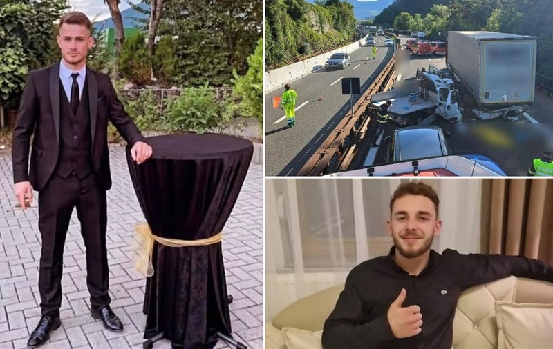 Colaj compus din trei fotografii: în stânga un tânăr elegant în costum negru lângă o masă de cocktail, un alt tânăr în dreapta jos zâmbind pe o canapea și o imagine din dreapta sus ce prezintă un grav accident rutier pe o autostradă, implicând un autotren.