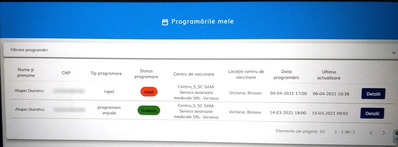Pe contul din platforma Rovaccinare bărbatul este blocat, cu mențiunea că a ratat rapelul