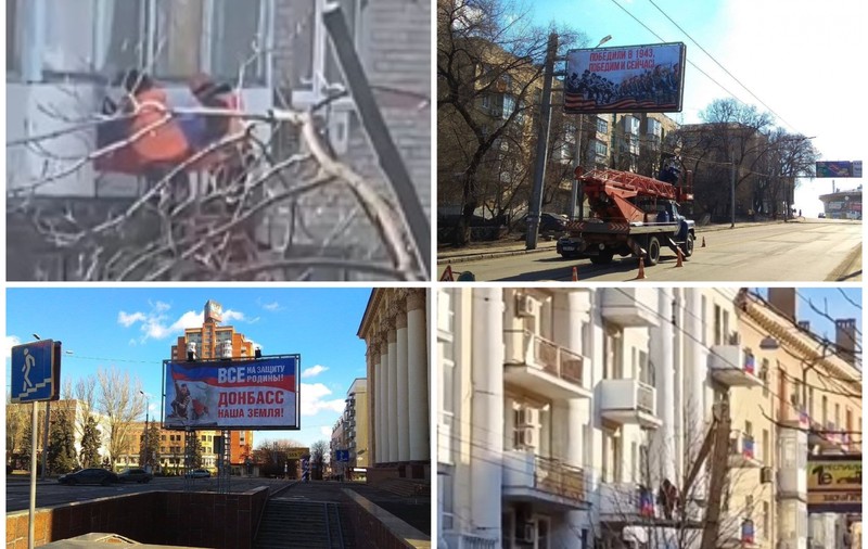 FOTO/VIDEO | În Donețk se arborează steagul Rusiei la balcoane și apar panouri publicitare cu îndemnuri la luptă