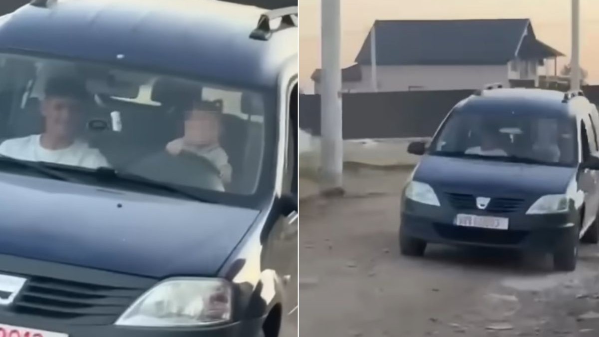 Colaj foto cu două imagini, în stânga mașina Dacia Logan de culoare albastră, cu bebelușul la volan și un tânăr pe scaunul din dreapta, iar în dreapta aceeași mașină fotografiată de la distanță
