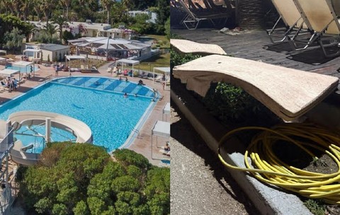 Colaj: un hotel cu piscina si tobogane// niste sezlonguri arse de soare cu saltele aruncate