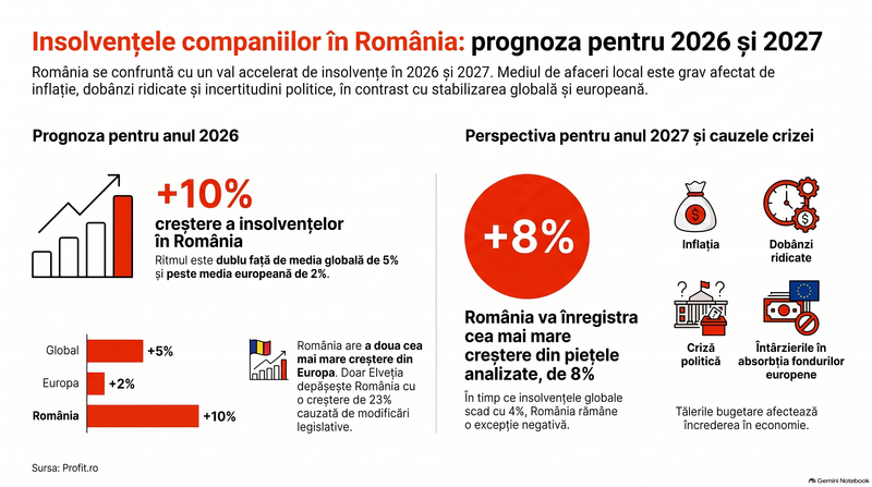 Prognoza insolvențelor în România 2026-2027 / infografic realizat cu ajutorul AI