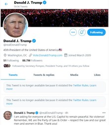 Donald Trump nu mai poate posta noi mesaje, iar mesajele vizate de Twitter nu pot fi accesate