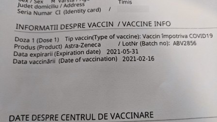 Adeverința de vaccinare a lui Robert, din Timișoara