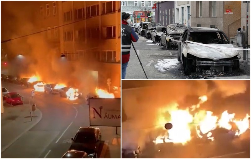VIDEO | Șase mașini ale Poliției, incendiate în fața sediului, la Viena. 1.000 de euro recompensă pentru găsirea celui care a pus focul