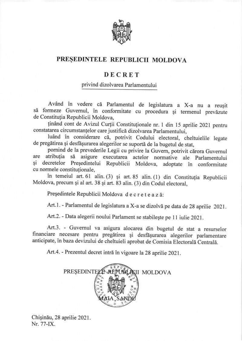 Decretul de dizolvare a Parlamentului Republicii Moldova. Foto: Facebook / Maia Sandu