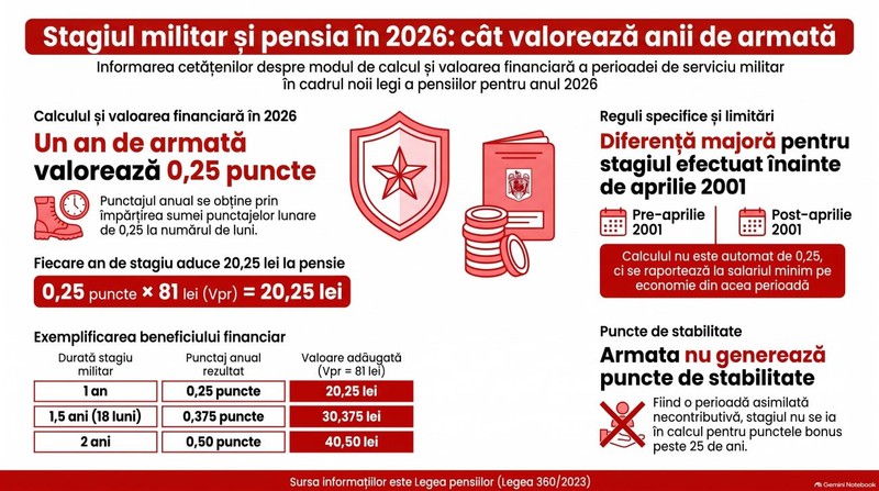 Pensia și stagiul militar 2026