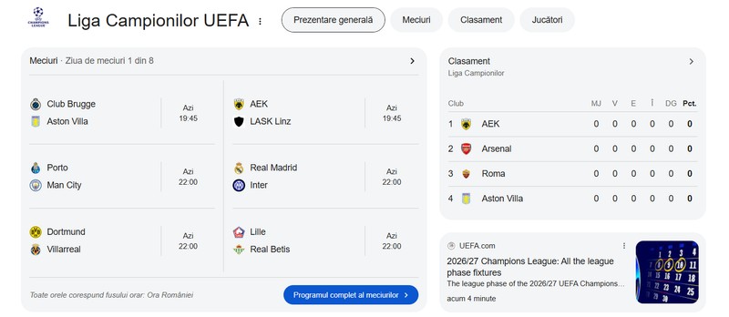 Program Liga Campionilor