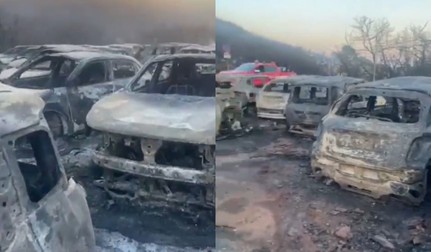 Aproximativ 200 de mașini, dar și un chioșc de pe plajă au fost complet arse și distruse. Foto; colaj X / Volcaholic