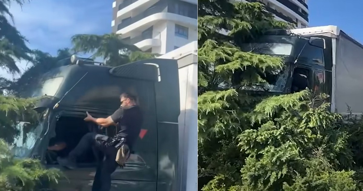 Un politist local da cu piciorul in portiera unui TIR negru, opfrit într-un copac// Un tir negru oprot într-un copac, în Constanta, 8 iunie 2026