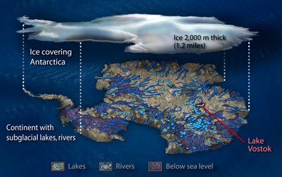 Antarctic rivers and lakes. Computer artwork showing the positions of rivers and lakes beneath the Antarctic ice sheet. Lake Vostok is the largest known lake, with a surface area of approximately 14,000 square kilometres.,Image: 131284189, License: Rights-managed, Restrictions: , Model Release: no