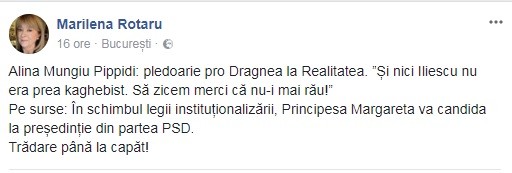 Facebook Marilena Rotaru: „Principesa Margareta va candida la președinție din partea PSD”.