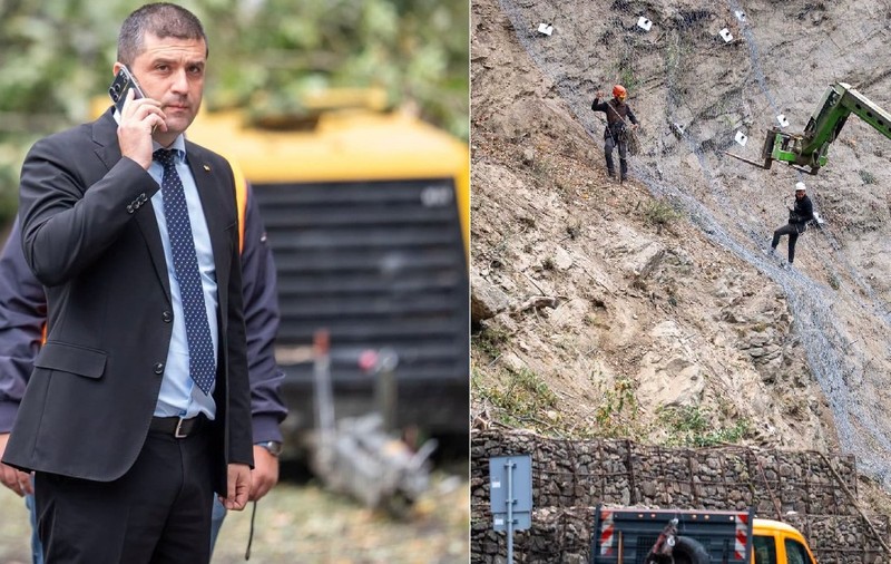 Radu Miruță, ministrul interimar al Transporturilor cu telefonul la ureche după ce a fost blocat în trafic pe Valea Oltului. Doi muncitori execută lucrări de stabilizare a versanților