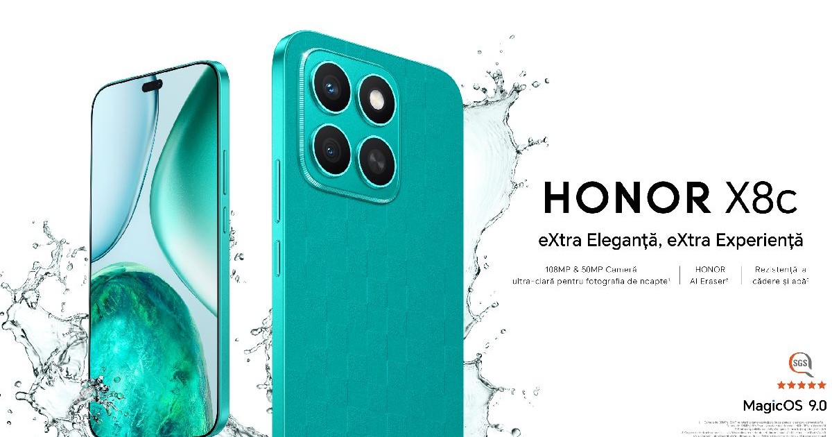 O poză de prezentare cu două telefoane Honor X8c verzi, pe un fundal alb cu scris negru.