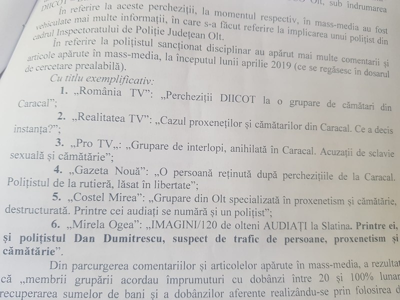 Captură din ordinul de destituire a polițistului Dumitrescu, în care sunt exemplificate publicațiile și televiziunile unde a apărut numele polițistului asociat cu perchezițiile din primăvară