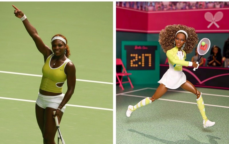 Serena Williams are papusa Barbie  care a fost inspirată de ținuta ei de la Australian Open 2005. Un colaj de 2 fotografii: stânga Serena în 2005, dreapta - păpușa Barbie