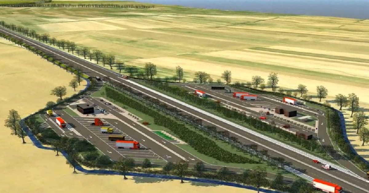 Randare digitală cu o parcare de pe viitorul drum expres Focșani-Brăila, ca o imagine aeriană cu un spațiu de parcare