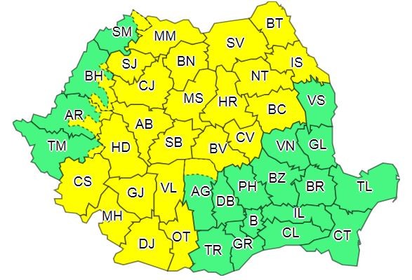 Cod galben de ploi torențiale în Transilvania și alte trei regiuni din țară