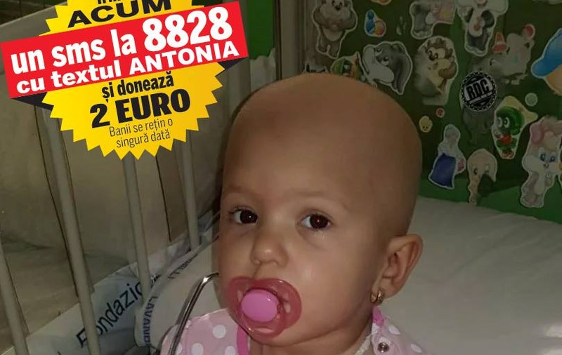 Micuța Antonia suferă de o formă extrem de agresivă de leucemie. Singura șansă a copilei de nici doi ani, care are nevoie de 20.000 de euro, este un transplant de celule stem