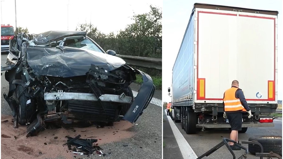 Colaj ce arată urmările unui accident rutier, având în stânga un autoturism negru distrus aproape complet în partea din față, iar în dreapta spatele camionului implicat în coliziune.