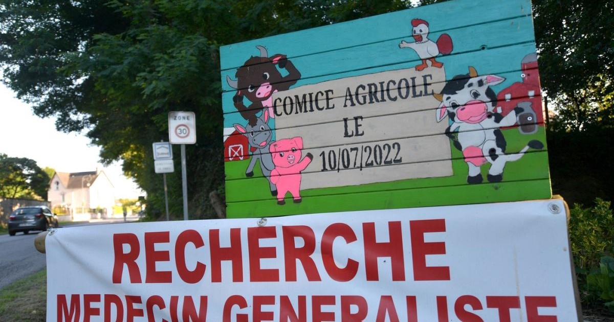 Un banner pe care scrie „Cherche Medecin Generaliste” sau „Caut un medic generalist (GP)”, la intrarea în Saint-Germain-de-la-Coudre, nord-vestul Franței, iulie 2022